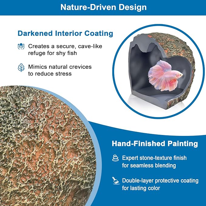 Magnetic Rock Aquarium Cave, Betta Fish Hideout & Fish Tank Decor | Fits glass or acrylic up to 0.5 in, dark interior hiding spot for shy pleco, cichlid, small fish and geckos, wipes clean