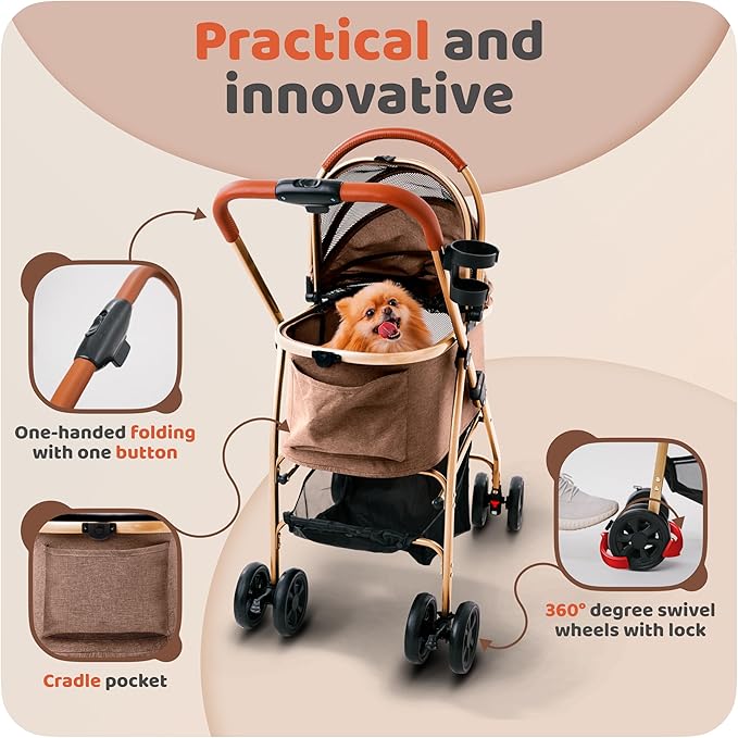 Pet Stroller for Small Medium Dogs & Cats – 2-in-1 Detachable Carrier, Zipperless Entry, Lightweight Folding Travel Stroller with Storage Basket, Cup Holder, Brown