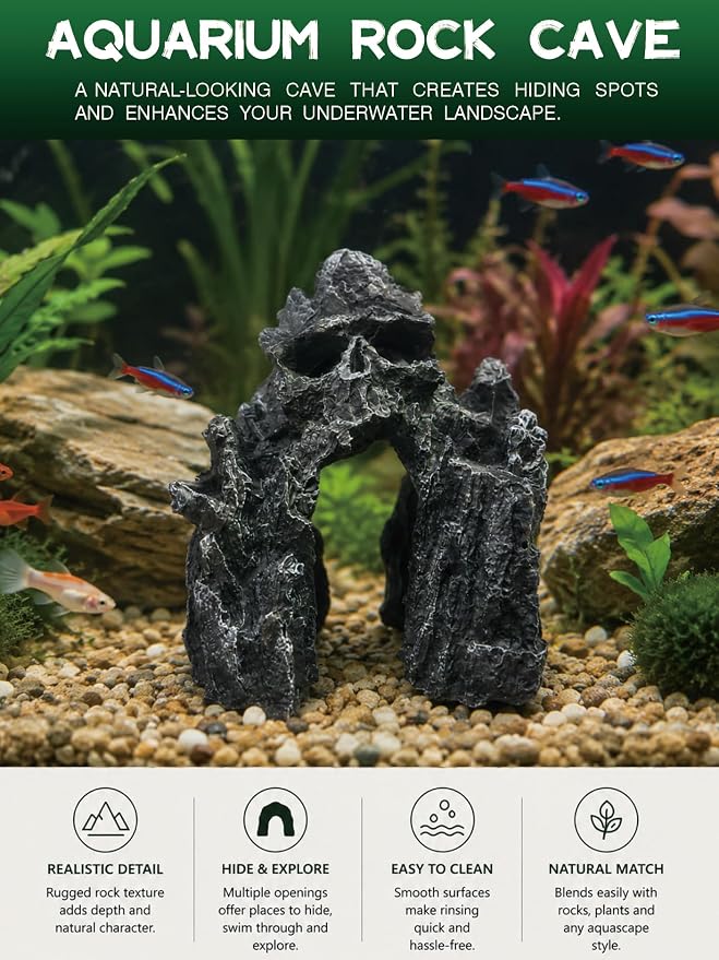 Aquarium Decor - Small Skull Rock Cave for Fish Tank, Aquarium Hideout Ornament with Skull Texture for Betta, Guppy, Shrimp, Spider - Aquatic Hide Decoration, Fish Hiding House（Black）