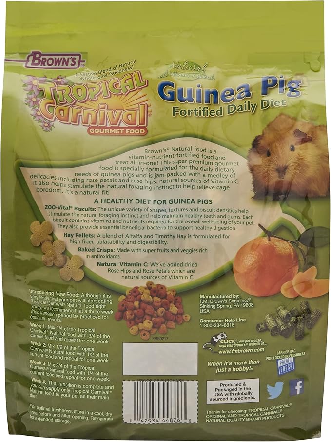 F.M. Brown's Tropical Carnival, Natural Guinea Pig Food, Vitamin-Nutrient Fortified Daily Diet with Vitamin C and High Fiber Alfalfa and Timothy Hay Pellets for Optimum Digestion, 4 lb