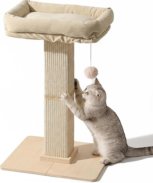 FUKUMARU Cat Scratching Post, Modern Style Tall Scratch Posts with Perch for Infoor Cats Adults, Large Cat Scratcher Tower with Bed, Small Tree with Raised Stand, Natural Sisal & Solid Wood