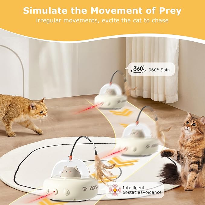 hooroor 2-in-1 UFO Laser Cat Toy with Feather, Automatic Motion Smart Sensor Interactive Toy for Indoor Cats&Small Dogs, Rechargeable Obstacle-Avoidance Exercise Toy, Self-Play Pet Gift White