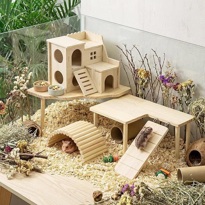 BreezeHug 4 Pcs Hamster Platform Hideout Wooden Tunnel Ladder Playhouse Hamster Game Climbing Toy with Platform Cage Accessories for Pets Dwarf Syrian Mice Degus Gerbils Squirrel(Loft)