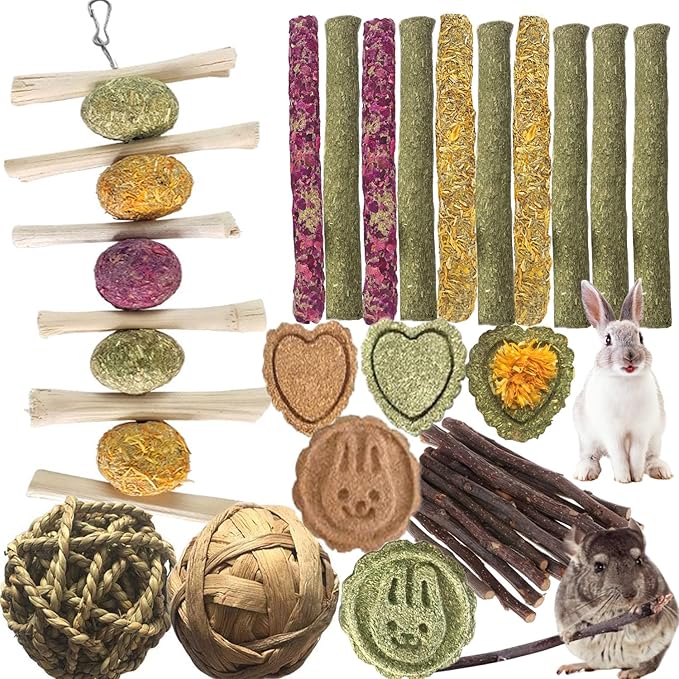 Bunny & Guinea Pig Toys - Rabbit & Hamster Accessories - Natural Timothy Biscuit Hay Sticks & Apple Wood Sticks for Teeth - Chinchilla & Rat Molar Chews