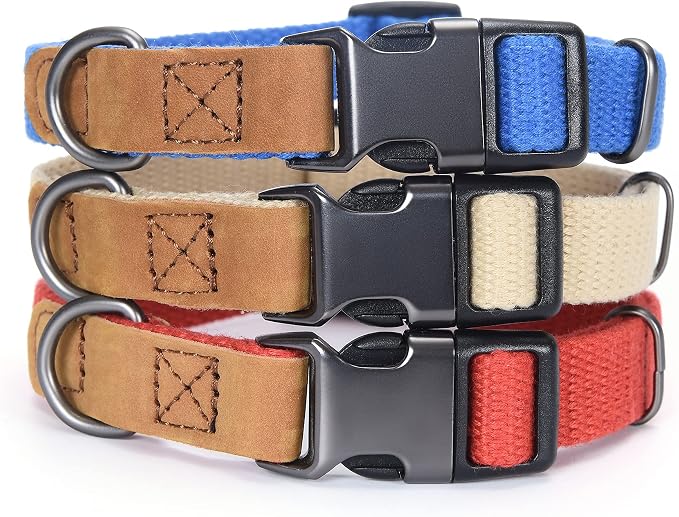 Mile High Life Genuine Leather Dog Collar, Soft Cotton Pet Collars with Heavy Metal Buckle for Small Large Dogs (Blue, M Neck 15"-18")