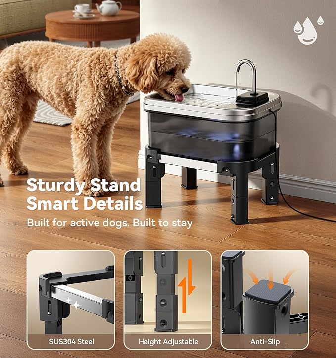 9L/2.38Gal Dog Water Fountain Elevated with 4-Height Adjustable Stand, FeelNeedy Large Pet Water Dispenser with Durable Ultra-Quiet Pump & 304 Stainless Steel Tray, Water Fountain for Dogs Indoor