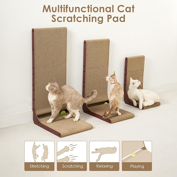 EHEYCIGA Cardboard Cat Scratcher for Indoor Cats, 32 Inch L Shaped Vertical Cat Scratching Board with Ball Cat Toy, Extra Large Cat Scratcher Pad, Dark Brown