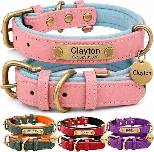 Leather Dog Collar Personalised and Leash Set, Personalized with Soft Padded Design Heavy Duty Featuring Custom Engraved Name Plate for Small Medium and Large Dogs