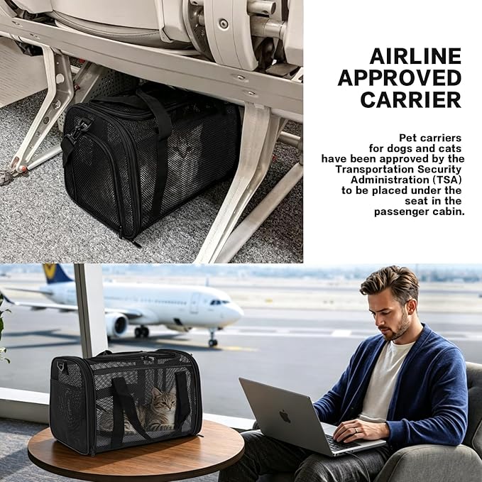 Dog Carrier Pet Carrier for Small Medium Cats Dogs Puppies up to 16 Lbs, TSA Airline Approved, Soft Sided, Collapsible Cat Bag Carrrier (Black, 17 * 11 * 11)