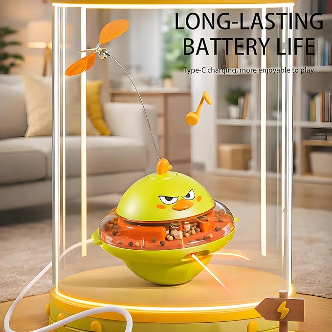 hooroor 4-in-1 Automatic Cat Toy Gift for Cat Owners, Interactive Laser & Feather Teaser with Bird Sounds, Treat Reward, Self-Balancing 360° Spinning Enrichment Exercise Toy for Bored Indoor Cats