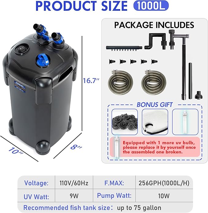 AMOSIJOY Canister Filter, Ultra-Quiet External Aquarium Filter with Free Media for Large Fish Tanks and Aquariums
