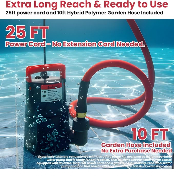 Sump Pump, Submersible Water Pump, 1/2HP Submersible Pump, Water Removal Pump With 10Ft. Garden Hose for Pool Draining, Hot Tub & Basement, Portable Pump with 25ft Long Cord & Garden Hose Adapter