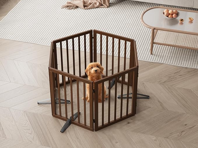 Semiocthome Freestanding Dog Gate Indoor 32" Tall, 6-Panel Wooden Dog Gates for Doorways Stairs, Foldable Pet Gate Safety Fences Indoor (110" W,Espresso)
