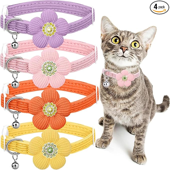 Cat Collar, HANSHILAI Kitten Collar with Bells, Cute Cat Collar Breakaway for Girl Boy with Flower,Collar para Gatos (Rhinestones Yellow & Pink & Orange & Purple)