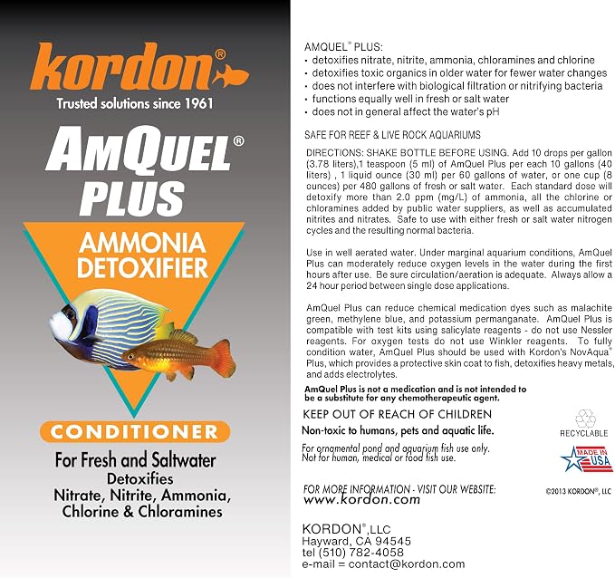 Kordon Amquel Plus Aquarium Water Conditioner - Instantly Detoxifies Ammonia, Nitrite, Nitrate, and Chlorine Remover for Freshwater & Saltwater Aquariums, 8 Ounces