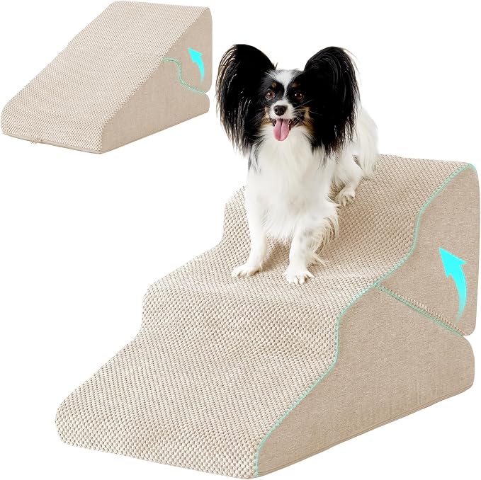 Dog Stairs for Small Dogs 16’’ H, 3-Step Dog Steps for Bed, Foldable Pet Stairs and Ramp for Dogs and Cats to Get on Beds, Couch, Non-Slip Balanced Pet Steps with Waterproof Cover, Beige