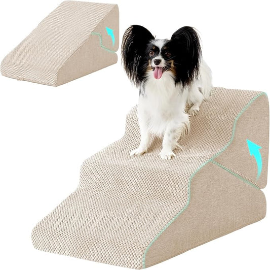 Dog Stairs for Small Dogs 16’’ H, 3-Step Dog Steps for Bed, Foldable Pet Stairs and Ramp for Dogs and Cats to Get on Beds, Couch, Non-Slip Balanced Pet Steps with Waterproof Cover, Beige