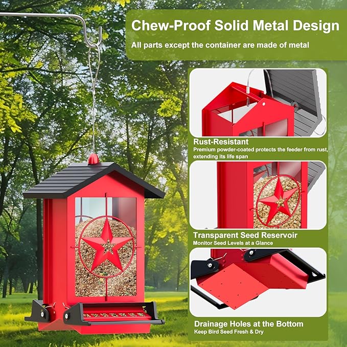 Squirrel Proof Bird Feeders for Outdoors with Weight-Activated, Metal 5LB Large Wild Bird Feeders for Cardinals,Blue Jay,Finch, Weatherproof Durable Hanging Bird Feeder for Backyard,Garden (Red)