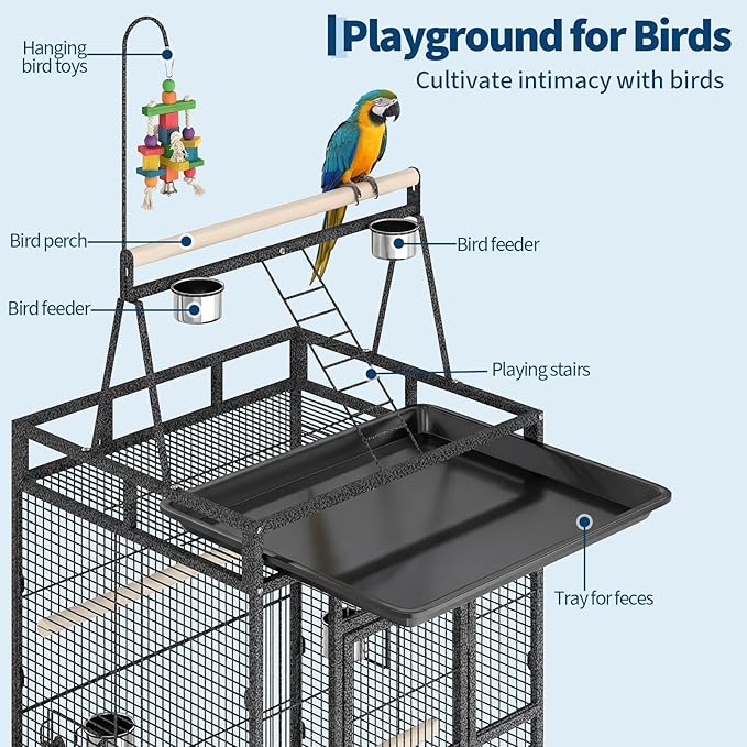 Extra Large 82" Parrot Cage with Play Top – Heavy Duty Wrought Iron Aviary, Rolling Stand, Secure Lock, Easy-Clean Removable Tray, Rope Perch – Spacious Bird Enclosure for Large Birds