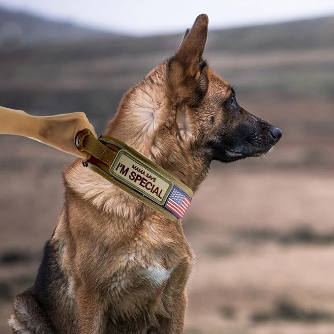2.5" Tactical Dog Collar for Large Dogs, Adjustable Heavy Duty Military Nylon Dog Collar with Reflective Stitching & Padded Handle for Hiking/Running/Training (Khaki, L,XL)