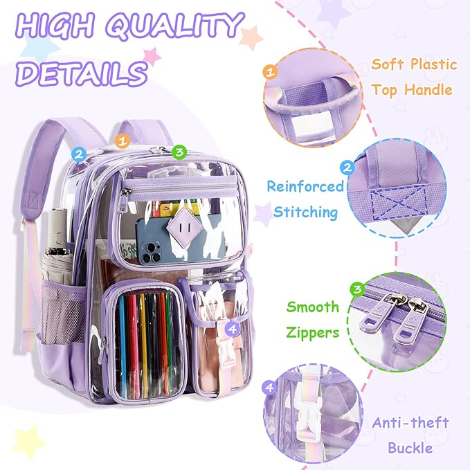 PIG PIG GIRL Clear Backpack for School,Heavy Duty PVC Transparent Bookbag for Girls Stadium Approved See Through Backpack