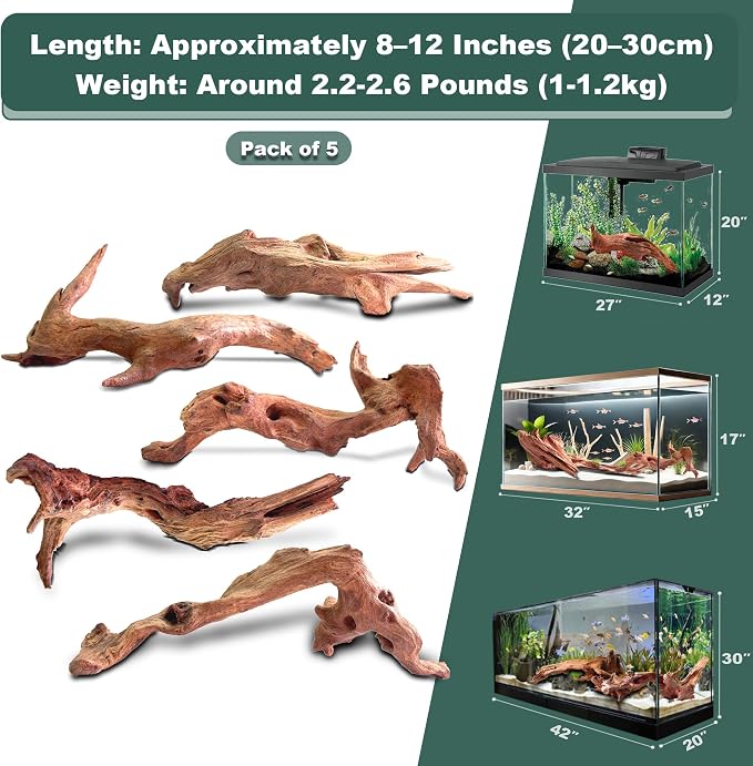 Natural Wood Driftwood for Aquarium Fish Tank Decor,Assorted Driftwood Trunk Branch for Reptile Tank Decor (MOP-ZYM Driftwood Branch (8 to12 Inch)-Pack of 5)