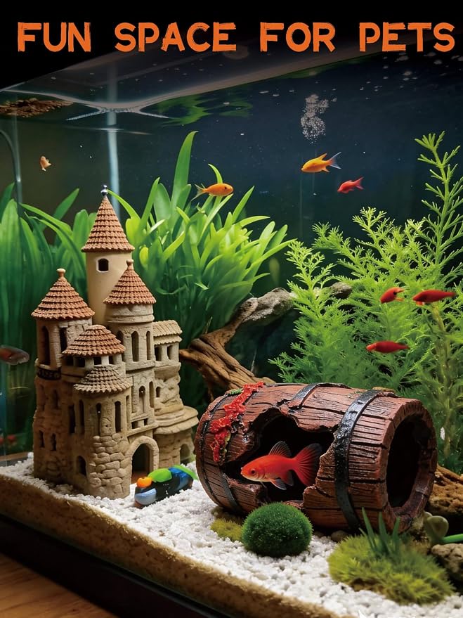 Aquarium Decor - Small Broken Barrel with Star Fish Tank Cave Hideout with Holes, Mini Decorations for Betta Fish, Shrimp, Nano Tank Decor, Aquarium Accessories Supplies, Safe Aquatic Ornament