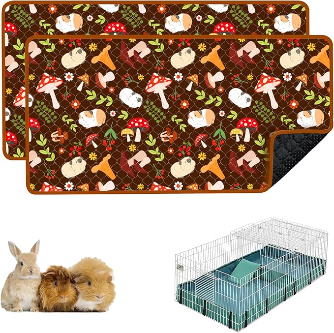 Guinea Pig Cage Liners, 2 Pack 49x24in Washable Guinea Pig Bedding, Waterproof Reusable & Anti Slip, Super Absorbent Guinea Pig Pee Pad for Small Animal, Rabbit, Bunny, Chinchilla, Brown