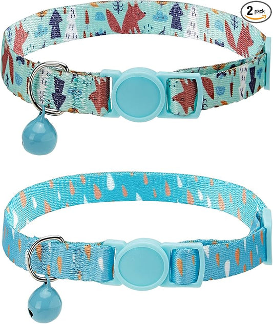 SOLMOONY Cute Cat Collar for Girl Boy,Colorful Breakaway Cat Collars with Bell 2 Pack，Adjustable Printed Nylon with Safety Buckles Kitten Collar (Fox)
