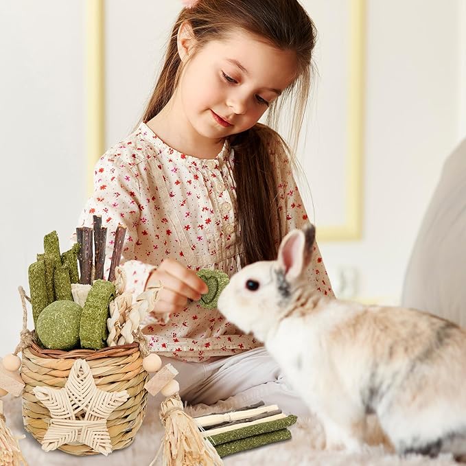 Jorewood Natural Reedgrass Chew Toy Basket for Small Pets – Hanging Rodent Dental Toys with Hay Lollipop, Apple Sticks, Sweet Bamboo (Hamsters, Rabbits, Chinchillas, Guinea Pigs)