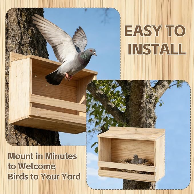 Wooden Open Mourning Dove Nesting Box, 13.7" x 6" x 11" Flat Roof Bird House with Nails, Open Platform Shelter for Doves & Small Birds, Hanging Garden Decor