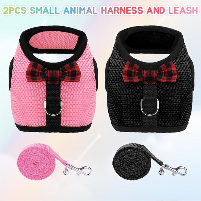 Rypet Small Animal Harness and Leash - Soft Mesh Pet Harness with Safe Bell, No Pull Comfort Padded Vest for Small Pet Black + Pink S