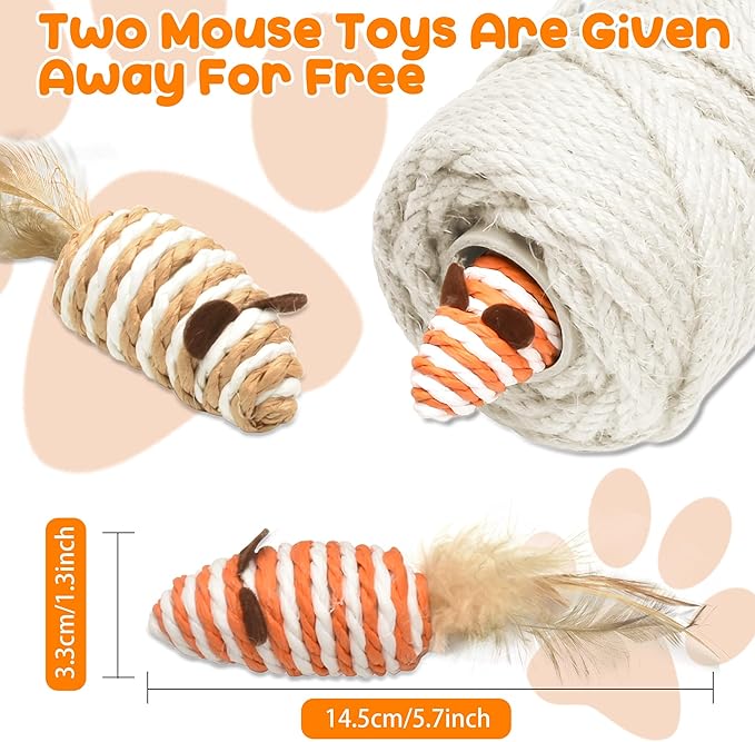 262FT/80M Cat Scratching Sisal Rope, 6mm 1/4 inch Thick Natural Jute Rope for Scratch Posts, Cat Trees, DIY Projects, Sisal Rope for Cat Scratcher with 2 Cat Mouse Toys (White, 262ft)