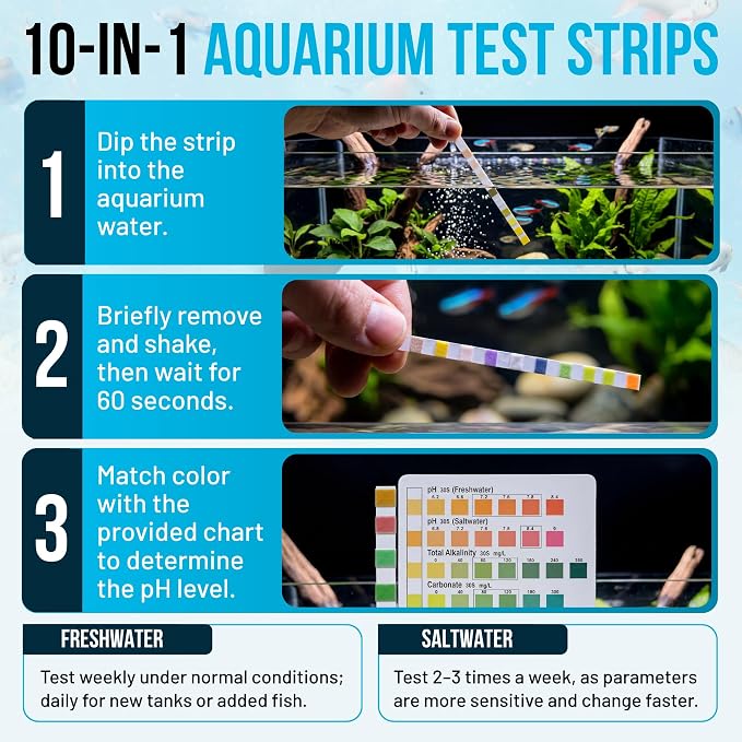 Aquarium Test Strips 11 in 1 | 150 Strips (100 x 10-in-1 + 50 Ammonia) | Tests pH, Ammonia, Nitrate, Nitrite & More | Freshwater & Saltwater Fish Tank Water Test Kit | 60-Second Results
