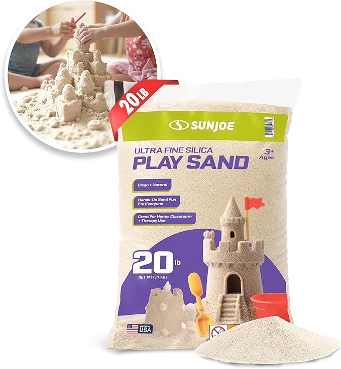 Sun Joe Silica Play Sand for Sandbox, Sensory Table & Garden Spaces, Ultra Fine, 20 Lb Bag - Indoor and Outdoor Natural Craft Accessory for Molding, Digging, Sculpting and Gardening, PLYSAND20