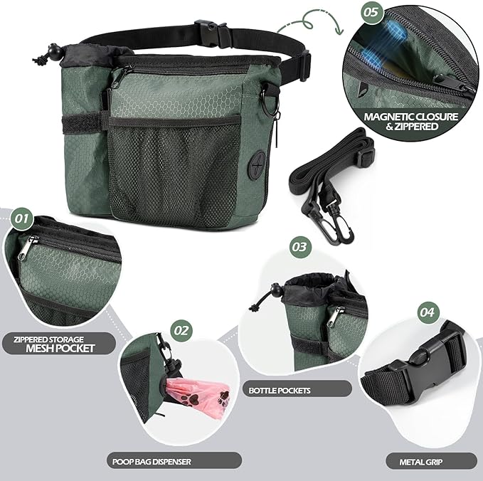 Dog Treat Training Pouch with Magnetic Zipper Closure - Built-in Poop Bag Dispenser, Side Pocket for Dog Water Bottle, 3 Ways to Wear,Carry Kibble & Pet Toys (GrayishGreen)