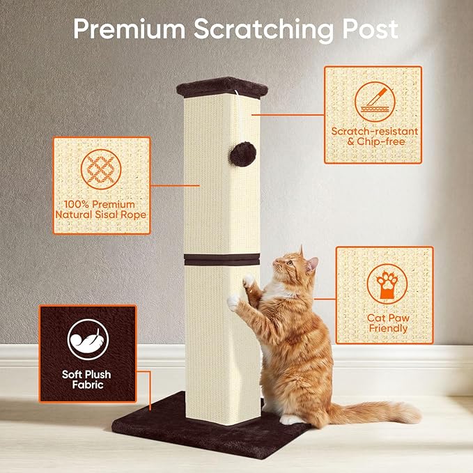 Cat Scratching Post 32 Inch for Indoor Large Cats and Kitten, Nature Sisal Tall Cat Scratch Post, Sisal Cat Scratcher Improve Cat's Scratching Habits and Protect Your Furniture, Beige