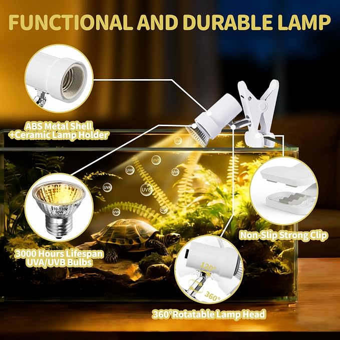 GOZILLA Reptile Heat Lamp, Turtle Lamp with 360°Rotatable Timing & Dimming Cycle Timer, 25W+50W UVA/UVB Reptile Light Bulbs for Reptile and Amphibian Tanks, Terrariums and Cages.(White)