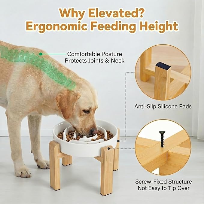 Elevated Slow Feeder Dog Bowl Large Breed, 8.8 Inch Ceramic Slow Eating Bowl with Screw-Assembled Bamboo Stand, Anti-Choking Raised Maze Design for Medium to Large Dogs, 3.2 Cup, White