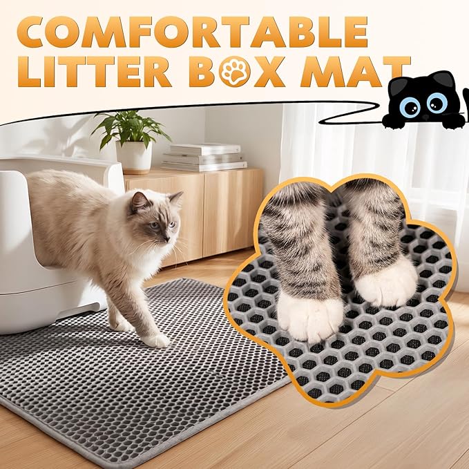 Cat Litter Mat, Honeycomb Double Layer Waterproof & Urine Resistant Non-Slip Litter Trapping, Easy Clean Washable Scatter Control for Litter Box (Gray, 30x24 Inch)