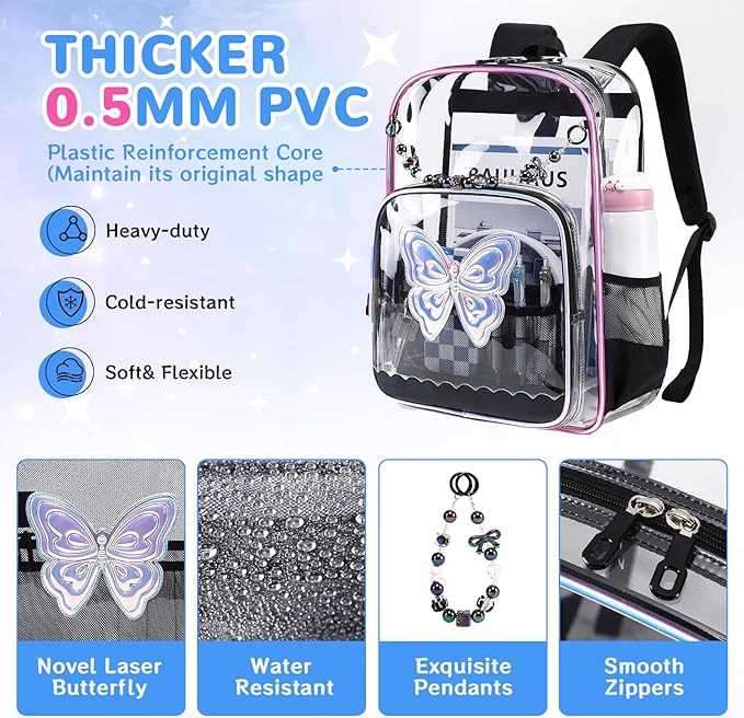 MUSEVOS Clear Backpack, Clear Bookbag for School PVC Heavy Duty Transparent Backpack for Girls, Black Butterfly