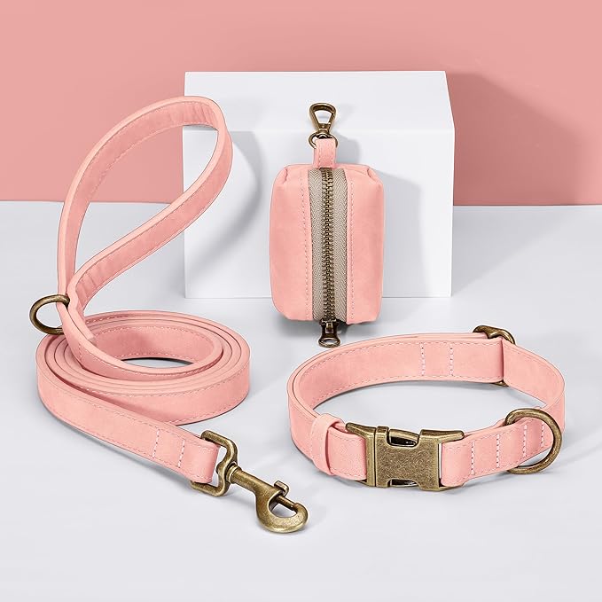 Didog Soft PU Leather Dog Collar, Stylish Quick Released Dog Collars for Medium Dogs, Easy Clean Adjustable Pet Collar for Daily Walking, Pink, M Fit 14-18" Neck