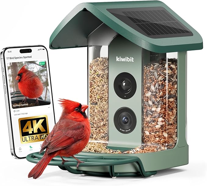 Kiwibit Solar Smart Bird Feeder with Camera, AI Bird Species Identification, 8MP Photos, 4K UHD Video Live Stream Wild Bird House Feeders for Outdoors, Bird Watching Gifts for Bird Lovers, Green