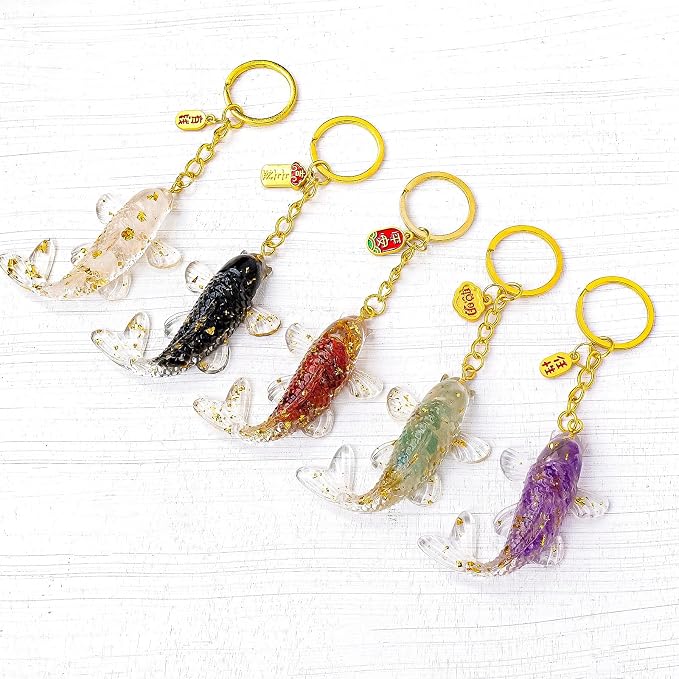 5 PCS Key Chain Natural Crystal Crushed Stone Resin Koi Fish Keychains Resin Handicrafts Car Bag Hangers Buckles Pendants Animal Gifts (5pcs-Fish, 1.37 ")