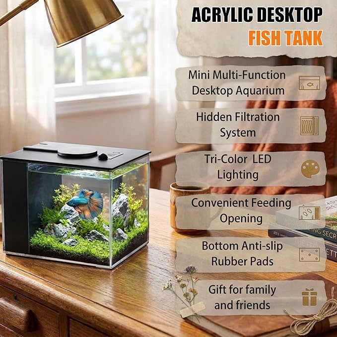 Vehipa Betta Fish Tank 1 Gal (3.7L), Acrylic Nano Aquarium Kit Black | With Water Filter Pump & LED Light, Ideal for Small Fish, Shrimp and Plants