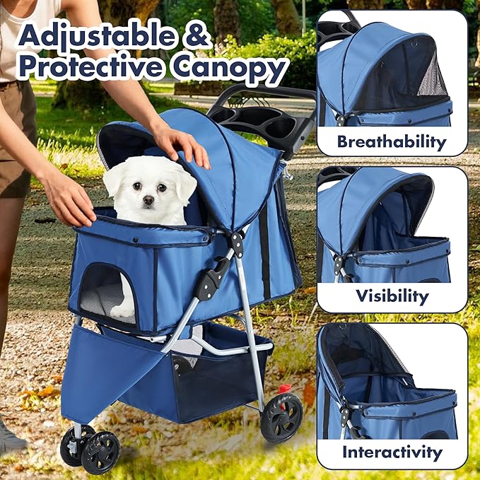 Smug 3 Wheels Pet Stroller, Dog and Cat Strollers with Storage Basket and Cup Holder, Lightweight Travel Carrier, Breathable, Waterproof and Foldable for Small Pets Outdoor Walk, Blue