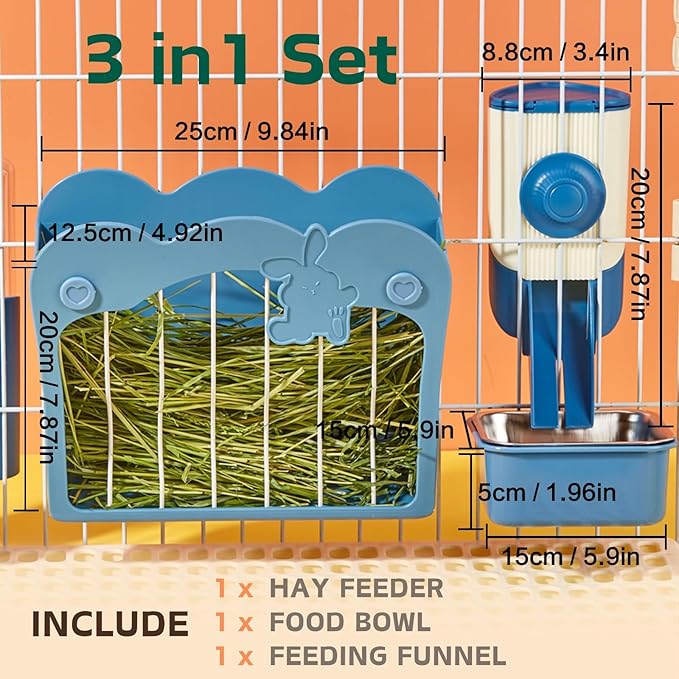 Rabbit Hay Feeder, 3-in-1 Feeding Set with Food Bowl and Hanging Funnel for cage, Hay Rack for Bunny Guinea Pig Chinchilla (Blue)