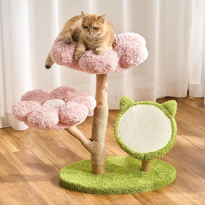 Aesthetic Flower Cat Tree Tower with Scratching Post for Indoor Cats, 30" H Modern Cat Tree with Natural Solid Wood Branch, Fluffy Cat Beds Removable & Large Scratching Board, Creamy White
