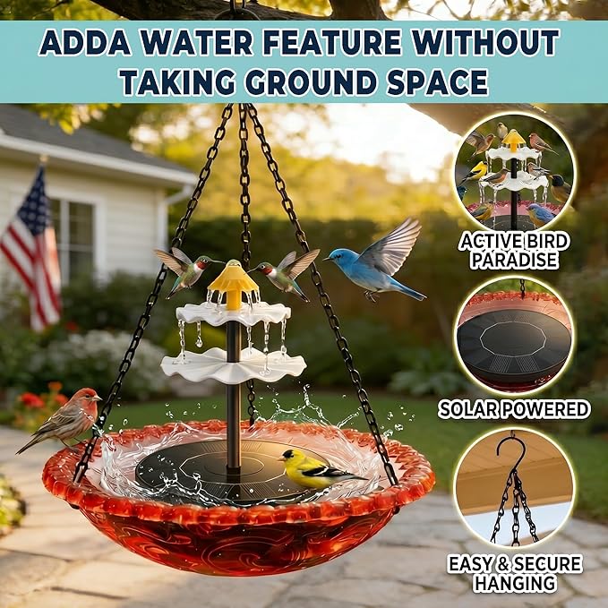 Solar Cascade Hanging Bird Bath Fountain, Solar Fountain Pump with 8 Nozzles, Hanging Bird Bath with Water for Outdoors Garden Patio Backyard Lawn Decor (Red)