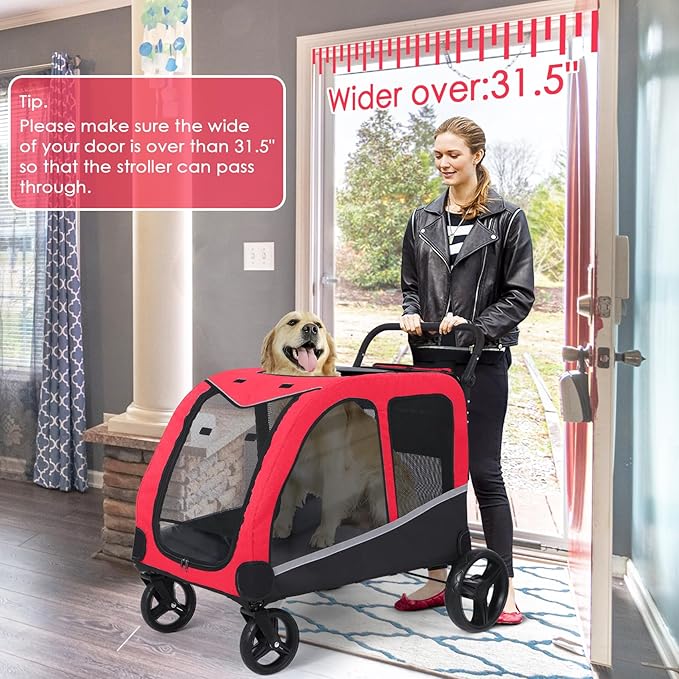 Saudism Stroller for Large Dogs, Extra Large Pet Stroller for Medium 2 Dogs, Dog Wagon, Dog Carriage, Foldable Design, Adjustable Handle, with Pocket, Up to 160 lbs, Red